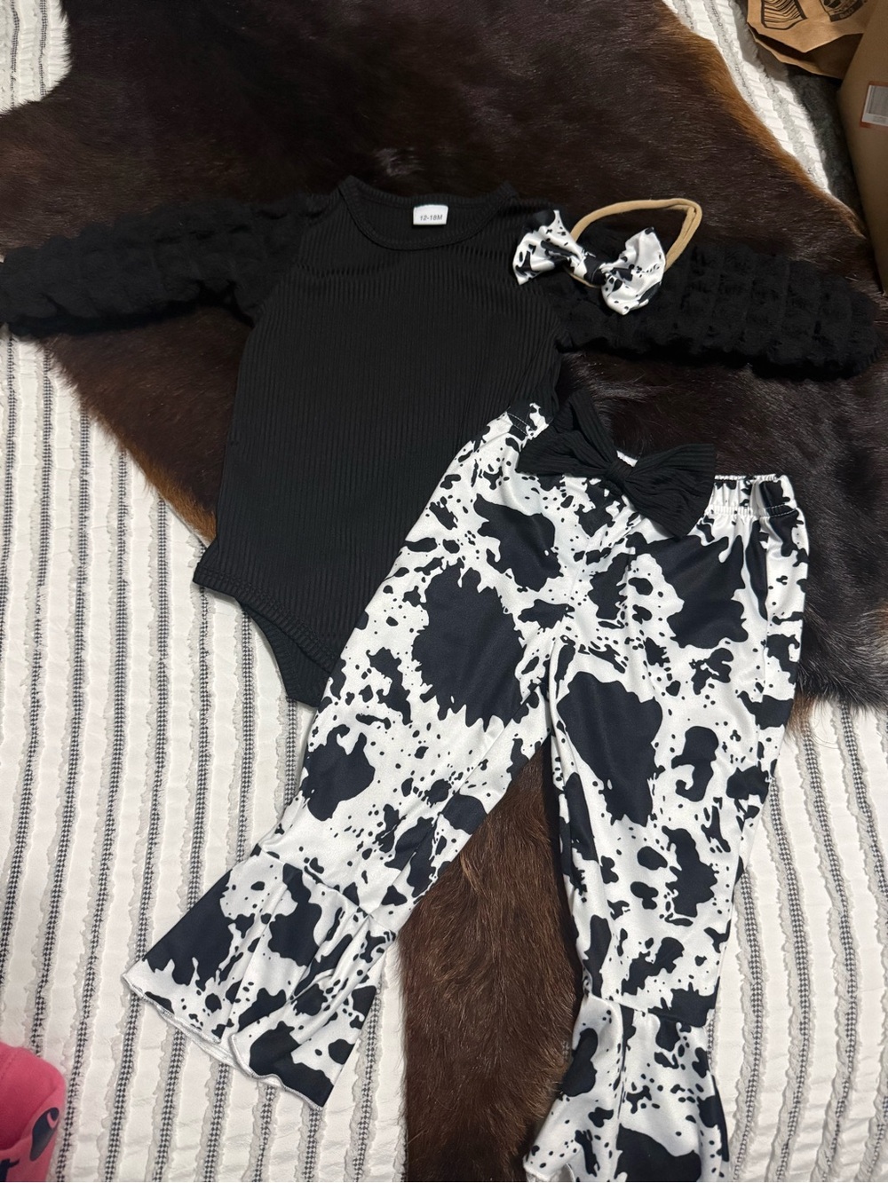 Black Baby Bodysuit with Cow Print Ruffle Pants and Bow 12-18 months washed